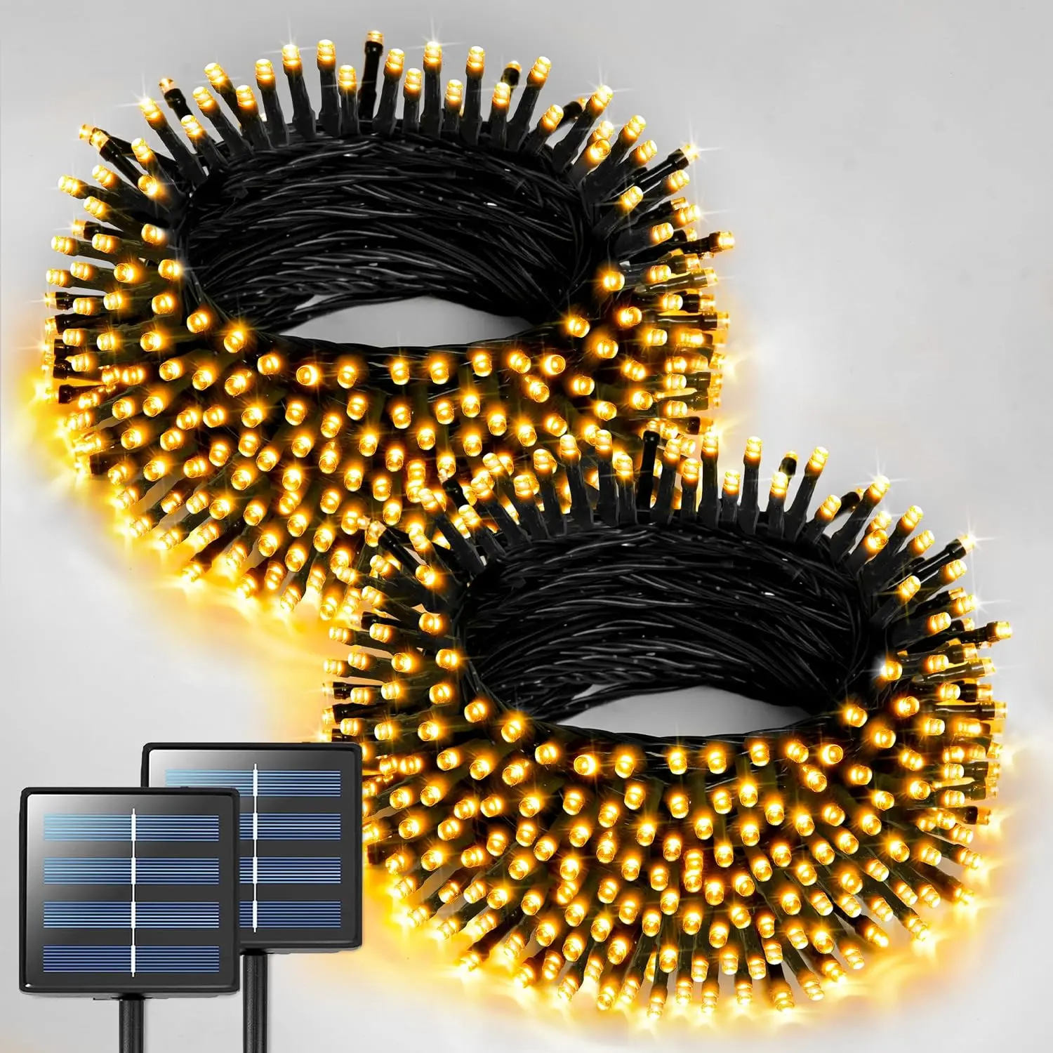 Outdoor Solar Powered Copper Wire String Lights (2-Pack), 144FT 400-LED Warm White Waterproof Fairy Lights with 8 Modes, Batteries, Switch Buttons, Bulbs for Patio Christmas Decor