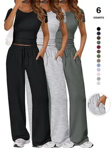 Women's Spring Summer Casual Set, Round Neck Short Sleeve Top & Wide Leg Pants, Slim Fit Home Wear, 2 Piece Comfortable
