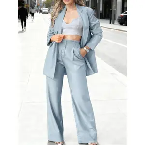 Women’s two-piece set featuring a solid-color double-breasted round-neck top and long-sleeve pants; suitable for work, office, business, and women’s autumn and winter wear.