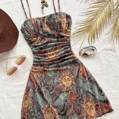 Women's Vintage Floral Print Pleated Mini Dress Spaghetti Strap Sleeveless, Retro Boho French Style Bohemian Aesthetic A-Line Skirt, Casual Fashion for Spring & Fall, Perfect for Daily Wear, Womenswear, Boho Vintage Dresses