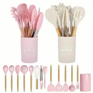 Silicone Kitchen Utensils Set, 12-Piece Non-Stick Cooking Utensils Set with Wooden Handle, Kitchen Cooking Utensils Set for Home Use, Silicone Spatula Set