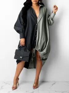 Women's Colorblock Drawstring Hem Dress, Casual Button Front Long Sleeve Dress for Spring & Fall, Women's Clothing for Daily Wear
