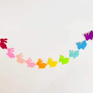 Easter Garland Cute Bunny Garland 10 Pre-Strung Rainbow Bunnies 5 Foot Easter Felt Garland Bunny Party Decorations, Rabbit Shower, Birthday Party Banners for Mantle, Tree, Classroom, and Wall Decor,