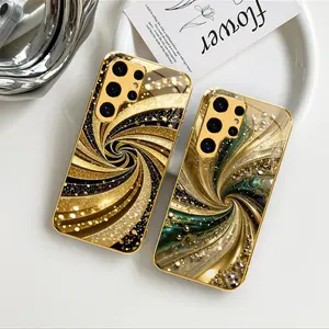 Luxury Gold-Plated Edge Case Liquid Swirl Glitter Glass Cover for Galaxy S24 Ultra ---975