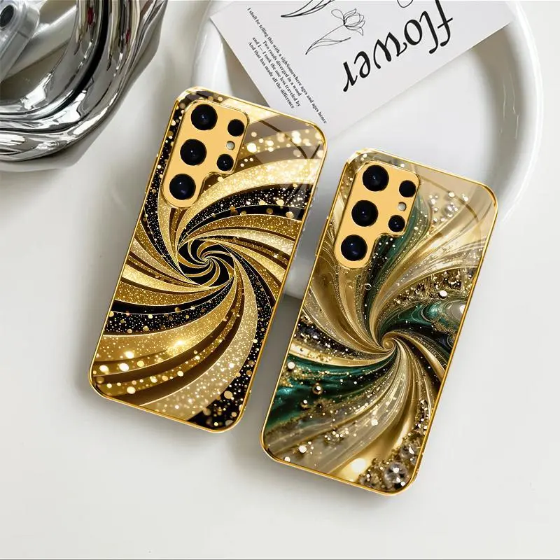 Luxury Gold-Plated Edge Smartphone Casing, Liquid Swirl Glitter Glass Cover for Galaxy S24 Ultra - Cellphone Accessories with Protection - 975