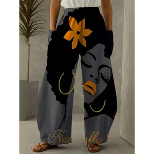 Women's Elegant Figure Print Wide Leg Pants - Dual Pockets, Elastic Waist, Loose Fit Non-Stretch Fabric, Machine Washable All-Season Casual Trousers, Comfortable Fashion, Floral Accent Design, Unique Portrait Pattern Womenswear Bottom