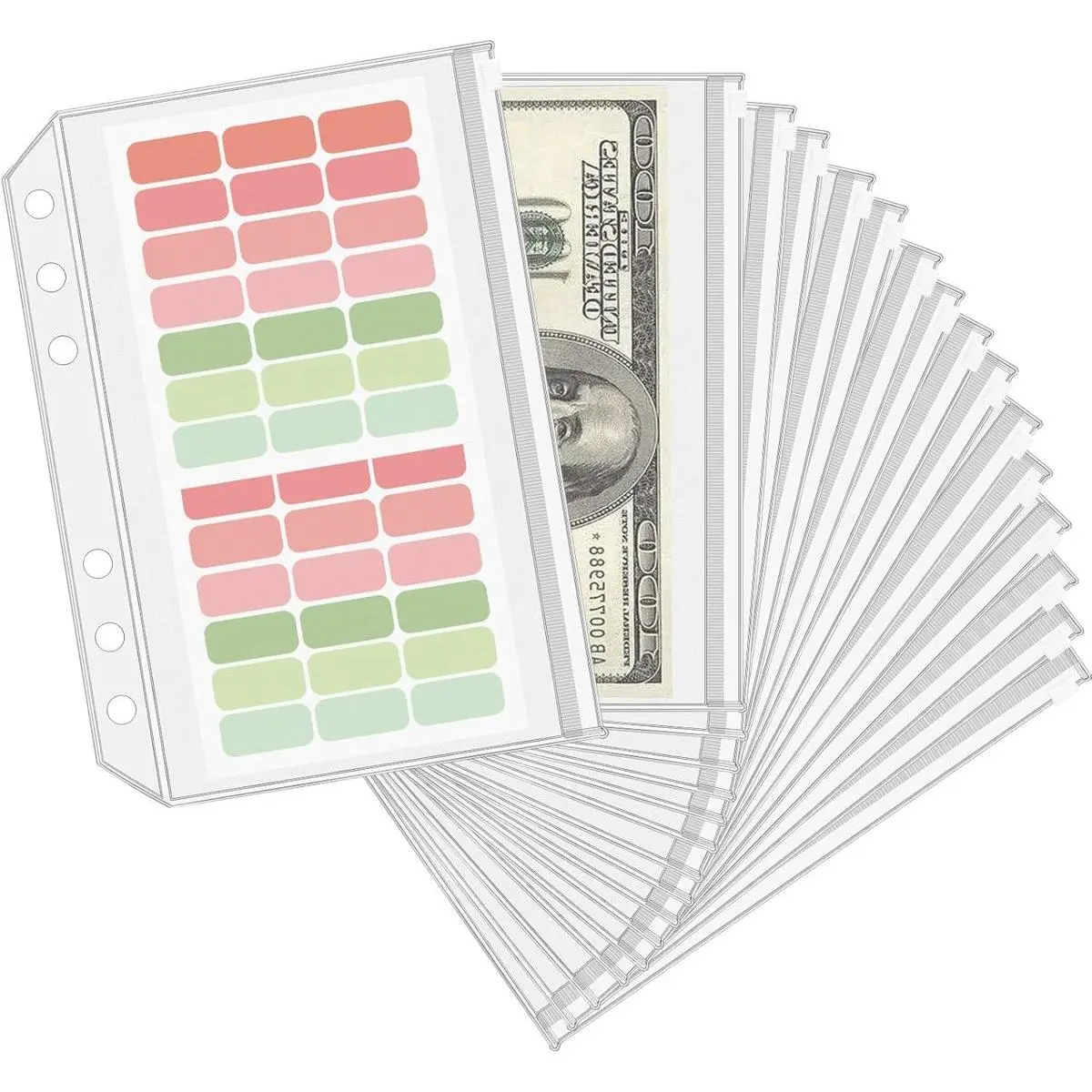 16 Pcs A5 Binder Envelope Pouches, A5 Zippered Binder Inserts for 6-Ring Budget Cash Envelope System, Clear envelopes for Money Saving and Budgeting, with 42 Sticky Binder Labels
