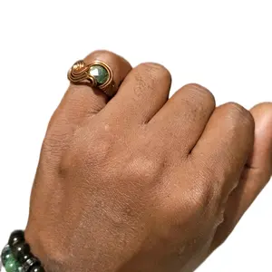 Natural Emerald Waveflow Copper Ring - Unique Design Copper Band with Emerald Stone Accent