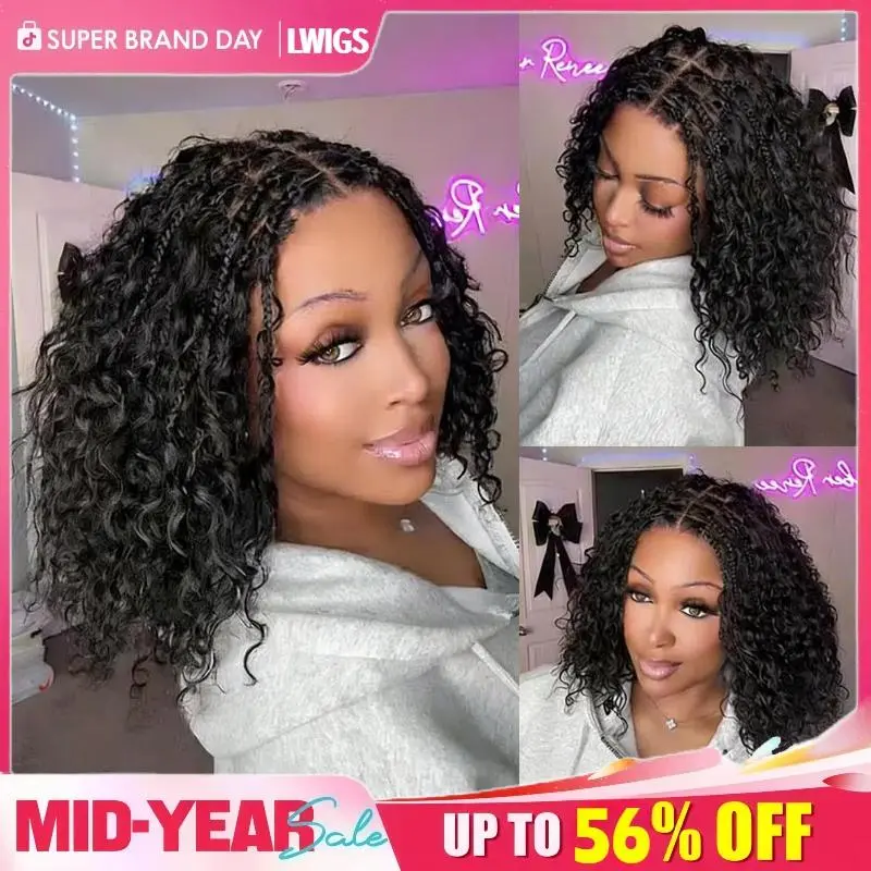 【100%Human Hair】LWIGS Boho Braids Deep Curly Glueless 5x5 Closure Pre-Cut No Glue No Stress Wig Lace Short Curly Human Hair Braided Wig Bohemian Style  , cannot be dyed