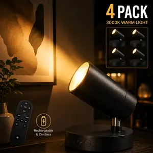 4-Pack Rechargeable Wireless LED Spotlight, Magnetic Accent Lighting with Remote, 3000K Warm White Under Cabinet Light, No Drill Picture Light for Paintings, Art, Closet, Display (Rotatable) lamp USB Adjustable Sconces Dimmable USB-Powered Touch-Activated