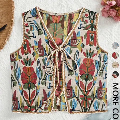 Women's Floral Pattern Tie Front Lightweight V Neck Sleeveless Casual Top, Casual Comfy Vest, Fashion Boho Sleeveless Outerwear for Beach Vacation Holiday, Ladies Clothes for All Seasons, Womenswear, Fitted Vneck Vest