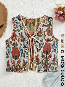 women's floral pattern tie front v neck vest, casual bohemian sleeveless outerwear for beach vacation holiday, ladies clothes for all seasons, womenswear, boho vneck tops
