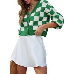 Womens Checkered V Neck Button Down Long Sleeve Cable Knit Cropped Cardigan Sweaters Tops