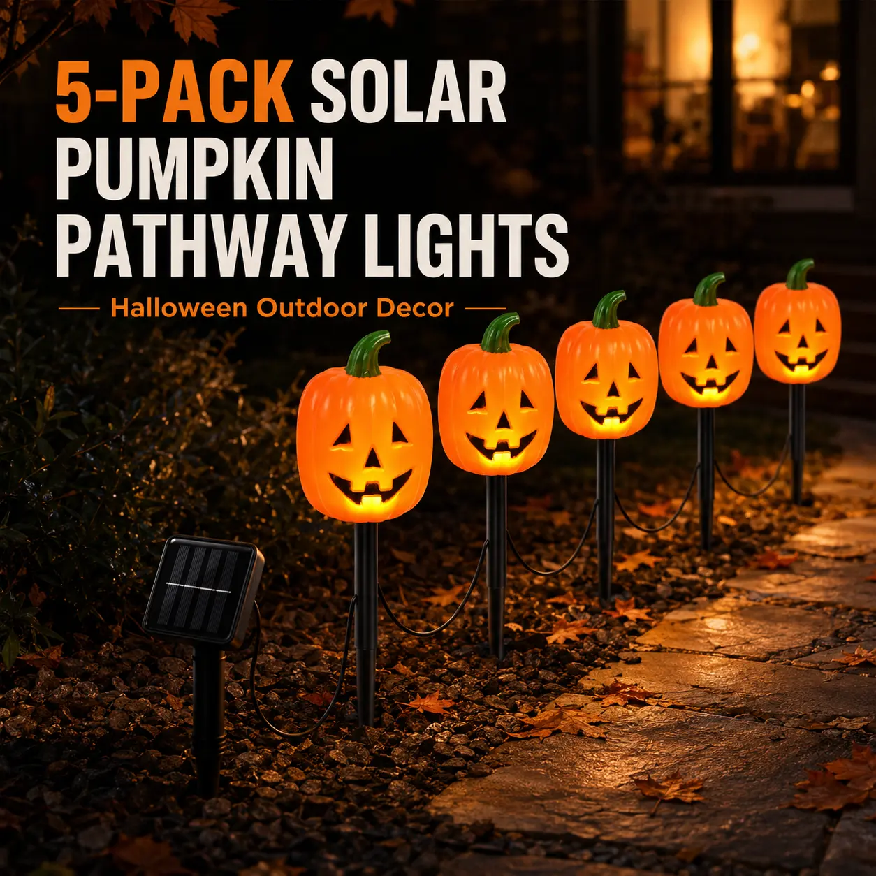 5-Pack Solar Pumpkin Pathway Lights, Halloween Outdoor Garden Stake Lights, Waterproof Solar Yard Decorations for Lawn, Walkway, Patio & Garden