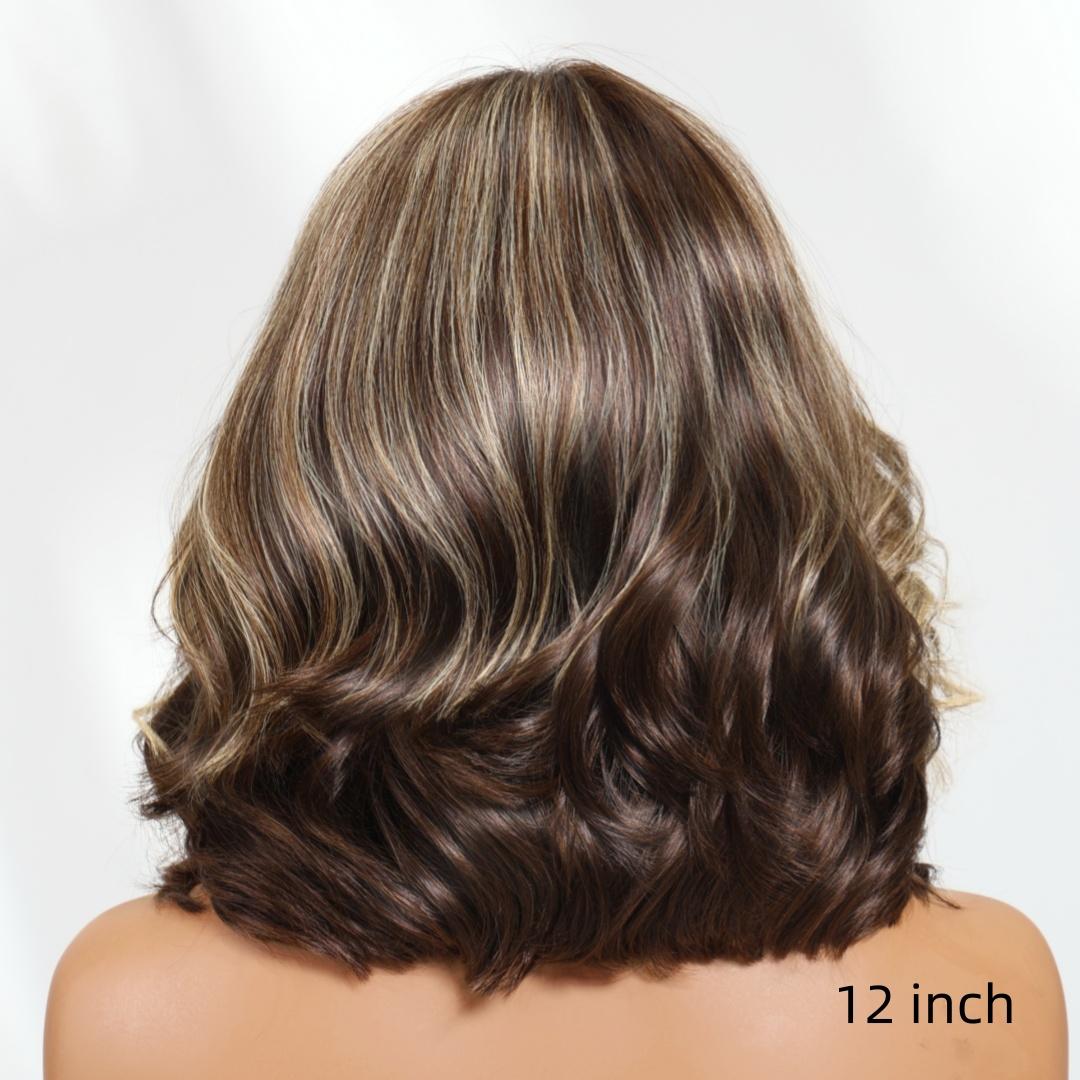 UNice Glueless Dark Brown with Honey Blonde Highlights Layered Cut Bob Wig Pre Cut 13x4 HD Lace Frontal Human Hair Loose Wave Wigs with Drawstring  Bleached Knots Beginners Friendly