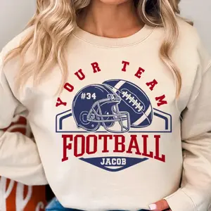 Custom Football Team T-shirt, Helmet & Ball Sports Logo Design, DIY Player Number Name Tee