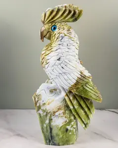 Serpentine Crystal Parrot Statue | Large Stone Bird Carving | Crystal Cockatoo Sculpture | Unique Crystal Art | Bird Figurine | Crystal Display