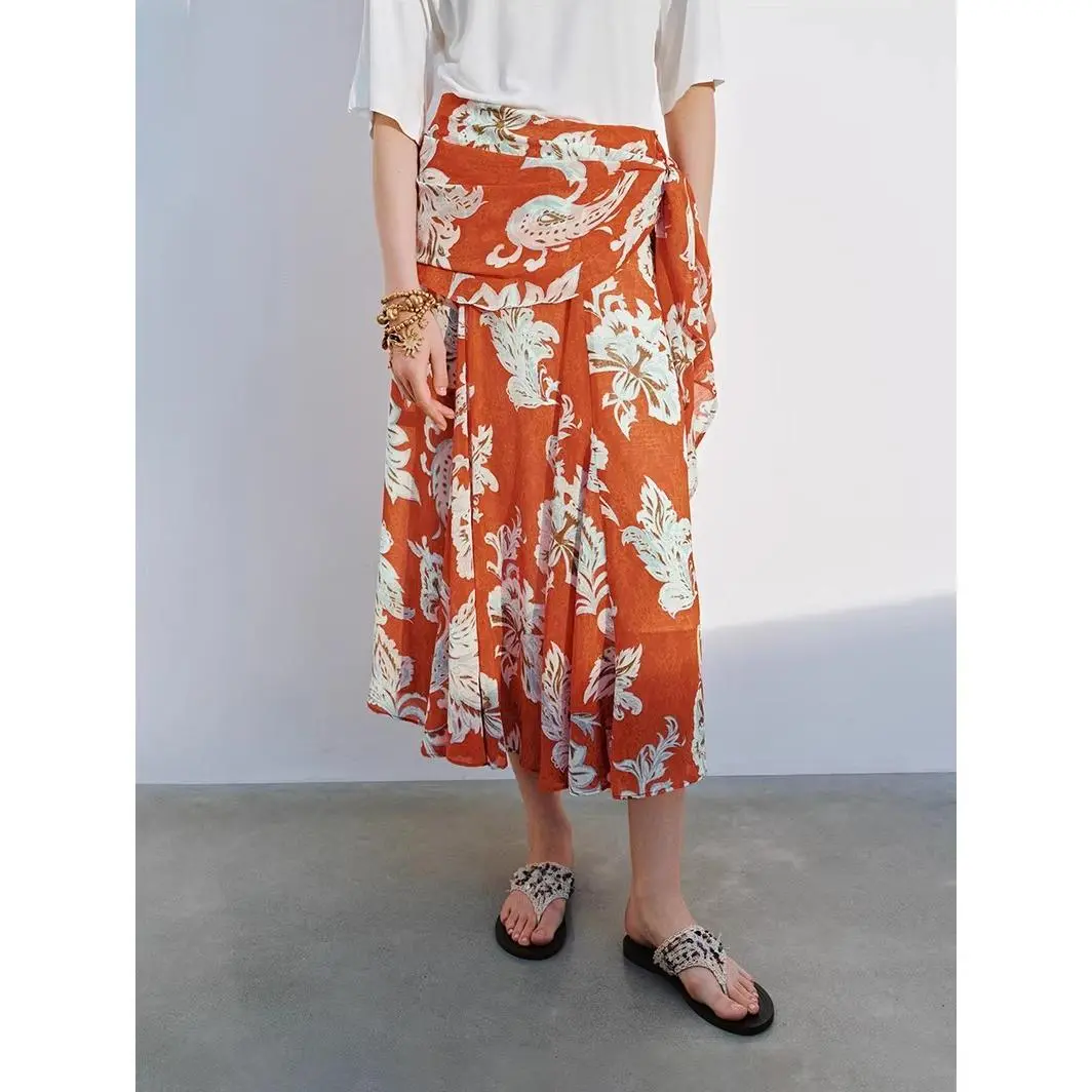 Women's Long Skirt with Bohemian Floral Patchwork Print, High-Waist Breezy Polyester for Casual Summer Wear, Long Skirts, High Low Skirts