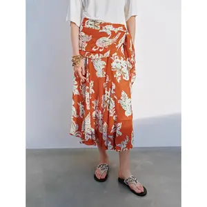 URBAN REVIVO UWH560025 2026 Women's High-Waist Breezy Polyester Midi Skirt, Boho Outfits Bohemian Patchwork Floral Print, Asymmetric Hem Summer Casual Bottom, Midi Skirts