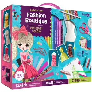 Prettyme Sketch n' Sew Fashion Design Studio Sew & Sketch Kit for Kids 12x10x3in with Sketchbook Fabrics Tools Accessories for DIY Dress Design