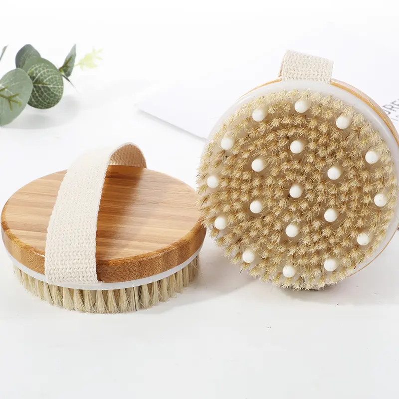 SPA Wooden Body Brush with Natural Boar Bristle Gentle Exfoliating Bath Brush for Dry Skin Organic Bamboo Wet Back Shower Brushes Exfoliating Bathing Brush or Sponge or Bath Bar or Bath Puff