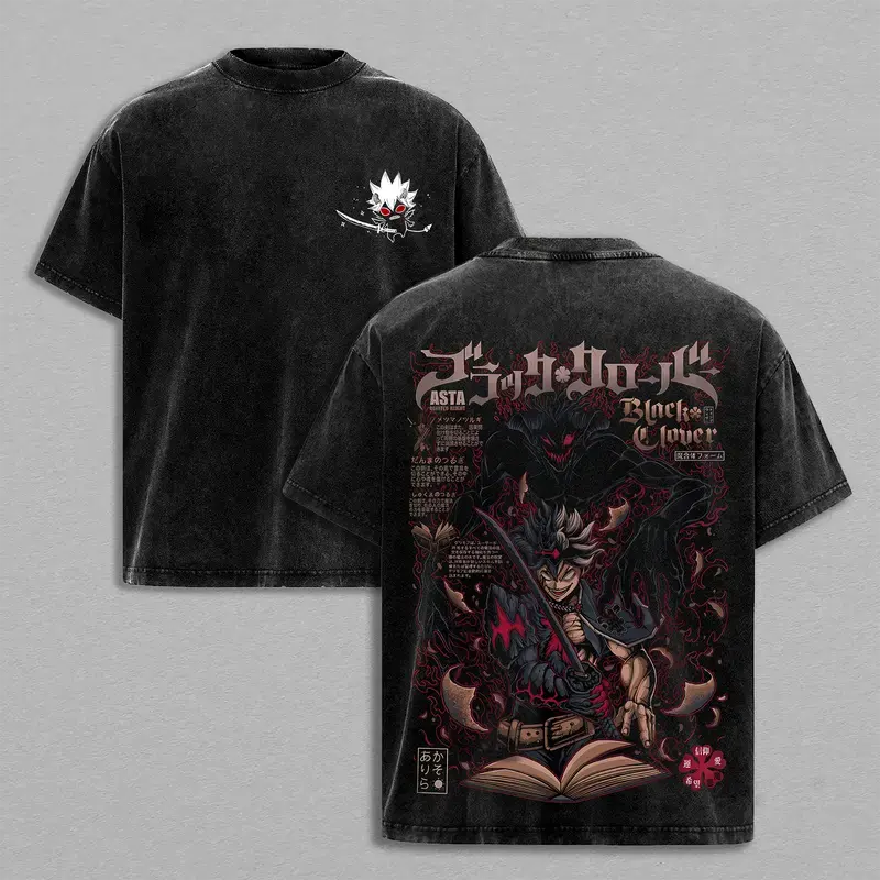 Menswear Asta Black Clover T-Shirt - Vintage Washed Oversized Heavy Cotton Short-Sleeve Anime Graphic Top, Double-Printed Retro Streetwear for Magic Knight Fans,trendy t-shirt,grunge streetwear,outdoor everyday wear Casual Crewneck Tshirt