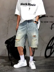 American Men's Washed Fashion Ripped Hole New Summer Five-Quarter Denim Shorts, Casual Loose-Fitting Button Fly Jeans