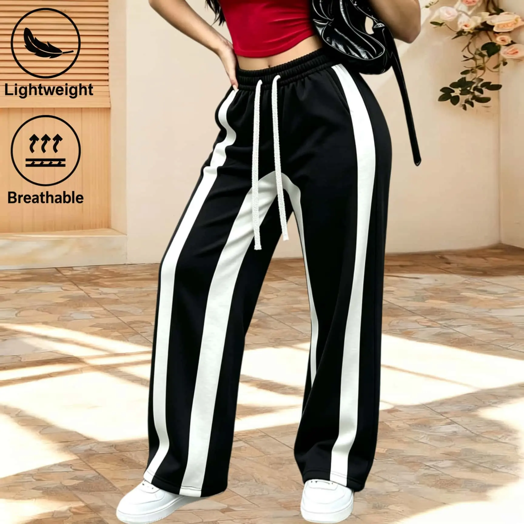 Women Vertical White Stripe Wide Leg Sweatpants, Elastic High Waist Drawstring Loose Track Pants, Lightweight Breathable Casual Streetwear Trousers, Trendy Baggy Straight Leg Joggers for Daily Workout Walking Street Fashion Outfits