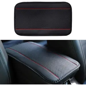 1 PC Car Fiber Leather Double Line Stereo Embossed Center Console Mat, Four Seasons Universal Armrest Box Pads, Car Waterproof Anti-Slip Hand Arms Soothing Pad, for Most Cars (Red)