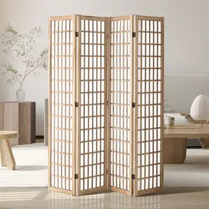 Room Divider, Four-Panel Japanese Style Folding Privacy Screen Indoor, Portable Partition, Decor Screen for Room Separation, Home, Office, Restaurant and Bedroom, Natural Finish and Durable Construction