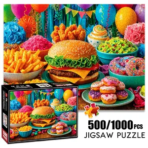 1pc 1000 piece adult puzzle 70x50cm Party Food Set: Burger, Fries, Donuts & More 500 pieces paper jigsaw puzzle suitable for DIY creative games for adults and families, birthday and holiday stre