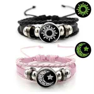 2pcs New Fashionable Sun Moon Lover Bracelet Vintage Punk Multi Layer Bead Weaving Night Glowing Bracelet Couple Gift Braid Bangle