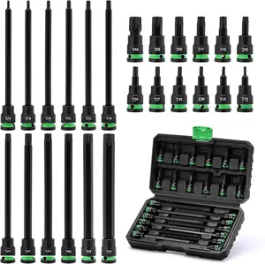 3/8" Drive Impact Torx Bit Socket Set, Extra Long Torx Socket, S2 Alloy Steel  Bit Sockets, 24 count  Bit Set, T10-T60, 2in & 6in Long, CR-V & S2 Alloy Steel Set, Enhanced Storage Case