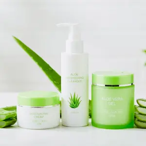 Basic Aloe Brightening Skin Care Set - 4 Pieces - Cleanser, Cream, 200G Aloe Vera Gel X 2Pcs for Moisturizing & Brightening