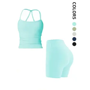 1 Pack Summer Women's Open Back Tracksuit Set Camisole Top High Waist Yoga Shorts Quick Dry Set Is Suitable For Holidays, Travel Work, Sports Wear