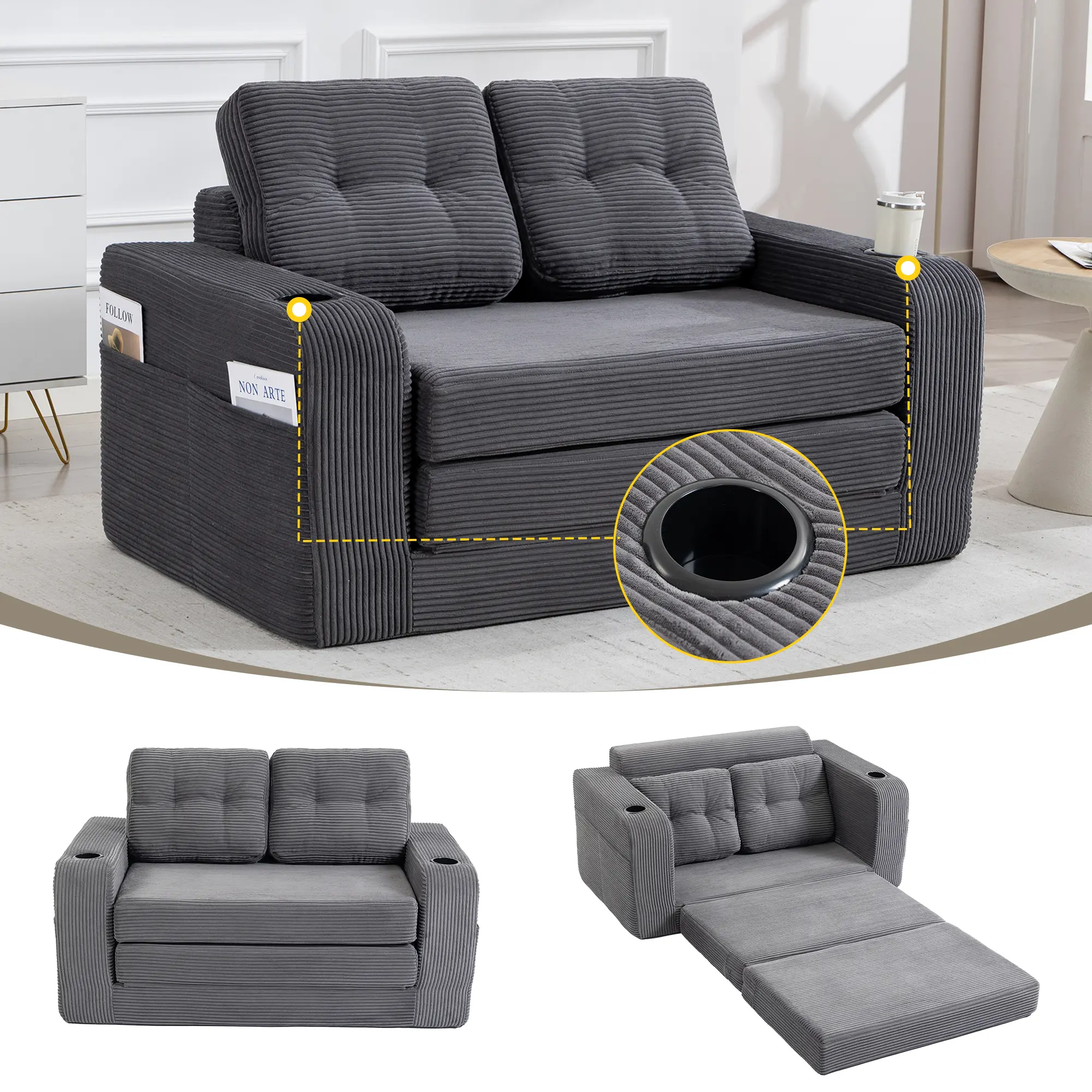 Niccae Convertible Sofa Bed,Expandable double Sofa Bed, 2 in 1 Convertible Sofa Bed, Fold Out Floor Couch with Pillows for Living Room Bedroom Lounge