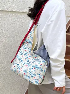 2026 New Korean Style Plaid Patchwork Tote Bag, Colorblock Strap Large Capacity Shoulder Bag, Adjustable Strap Plant Print Crossbody Bag