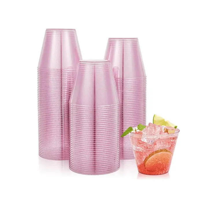 9oz Disposable Shiny Glitter Plastic Cold Drink Cups - Bulk Pre-Packed Disposable Drinkware Party Cups for Milkshakes, Iced Coffee - Restaurant Supply, Pre-Packed Disposable Cups