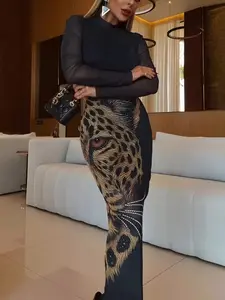 Women's Leopard Print Tiger Print Dress, Elegant Long Skirt with Leopard Print and Fitted Hip Design, Sexy Slim-fit Long Sleeves, Suitable for All Seasons Including Spring, Summer, Autumn, and Winter. Perfect for Beach Vacations, Outings Womenswear
