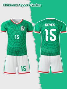 Green V-neck football suit for boys, Green Athletic Set, with name REYES and number 15. It is a comfortable and breathable two-piece jersey for matches and sports, suitable for outdoor exercise, school team equipment, and a great gift for festivals.