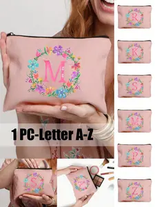 A-Z Personalized Initial Makeup Bag in Stylish Watercolor Floral Design, Simple Zipper Beauty Travel Pouch, Nail Polish and Brush Organizer Gift Set