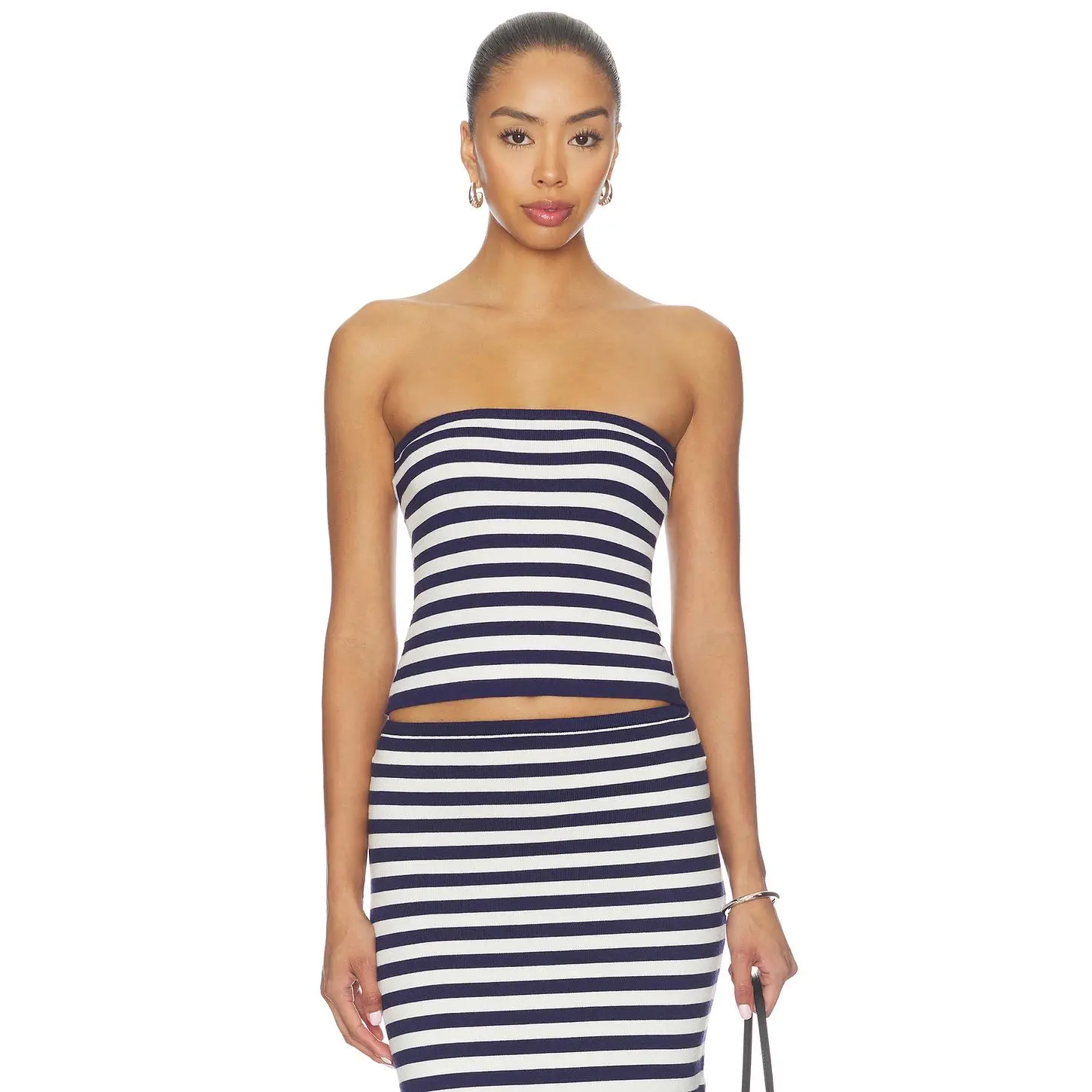 ALL THE WAYS Jolene Strapless Top in Navy Stripe