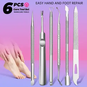 6pcs Professional Hand Callus Tool Set, including Nail Cleaner, Nail File, U-shaped Nail Remover, Beveled Cuticle Pusher. The multi-tool combination can clean the cuticles around the nails, shape the nails, remove residual nails
