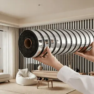 Mirror texture mesh wall sticker, gold/silver wallpaper, self-adhesive PVC waterproof wall paper, thickened 3D stripe design, pre-applied adhes perfect for living room, bedroom, bathroom decoration, background wall 40CM*300cm