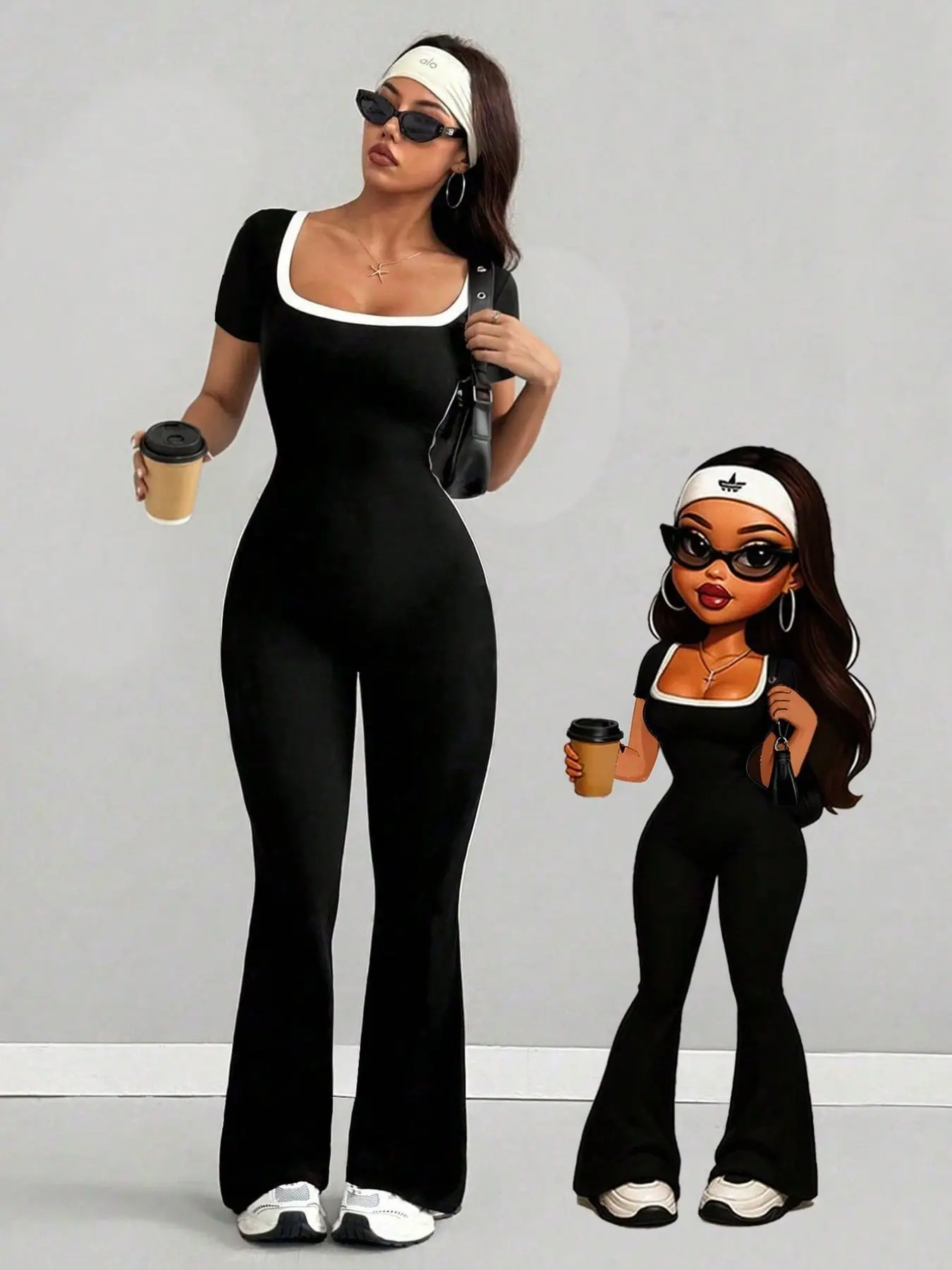 Women's Square Neck Jumpsuit, Fitted, Block, Short Sleeve Design, Back Cutout, Bell Bottoms, High Stretch Fabric, Casual, Womenswear, High Waisted Jumpsuits, Fashionable Jumpsuit