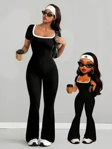 Women's Square Neck Jumpsuit, Block, Short Sleeve Design, Back Cutout, Bell Bottoms, High Stretch Fabric