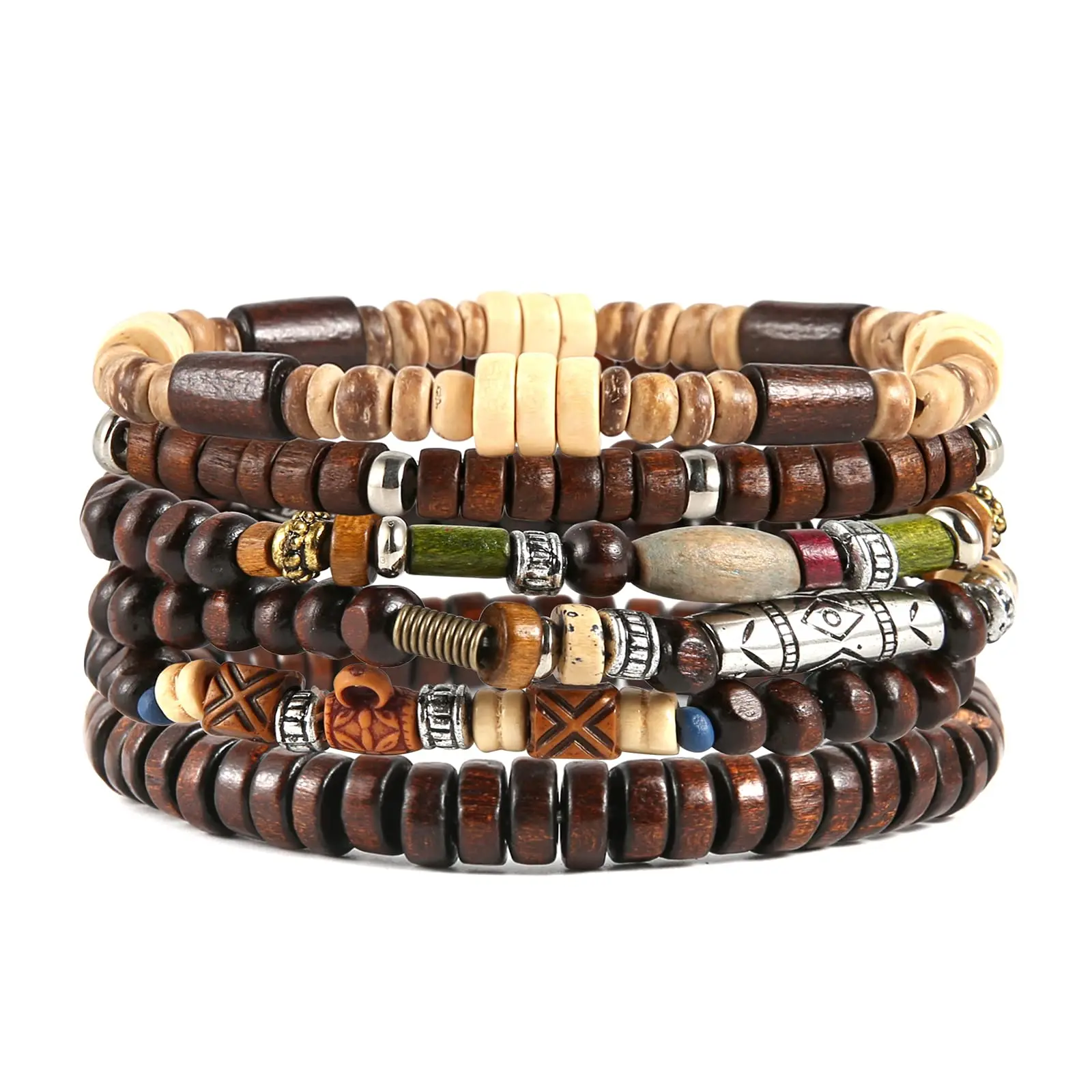HZMAN Wrap Bracelets Men Women, Hemp Cords Wood Beads Ethnic Tribal Bracelets, Leather Wristbands