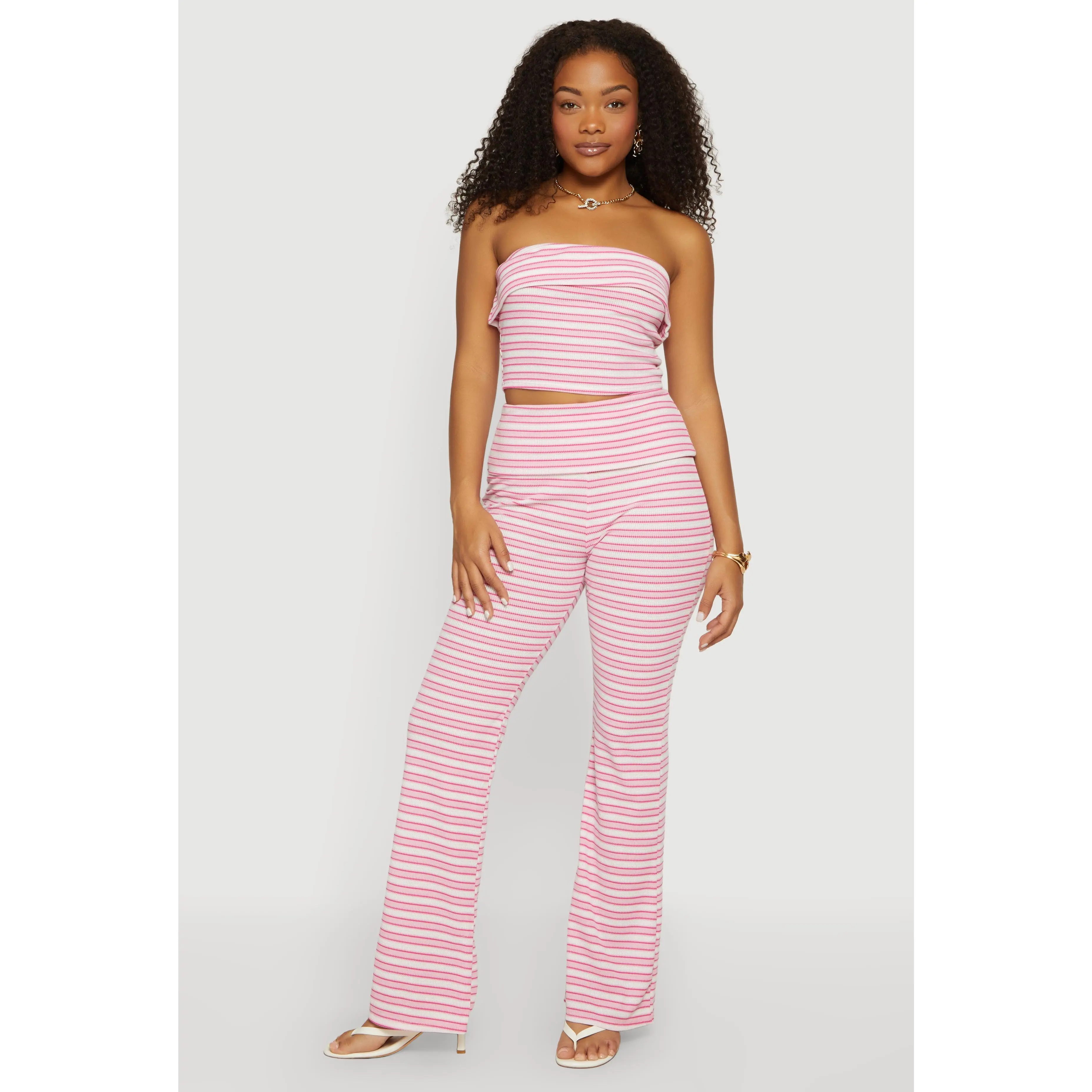 Striped Fold Over Waist Textured Knit Pants