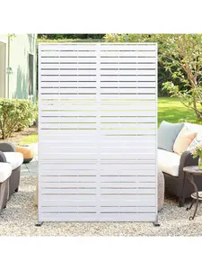 White/Horizontal Slat- Metal Privacy Screen 72" H X 47" W, Outdoor Privacy Screens And Panels, Freestanding Decorative Fence For Patio Lawn Garden Deck Balcony, 3-Panel Outdoor Divider With Stand