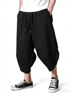 Men's Baggy Harem Cropped Pants, Black Loose Drop Crotch 3/4 Length Trousers, Casual Streetwear Asymmetric Hem Pants, Breathable Summer Bottoms